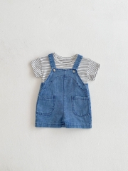 2025 Summer Infant Baby Kids Short Sleeves Striped T-shirt With Denim Rompers Overalls Sets Wholesale