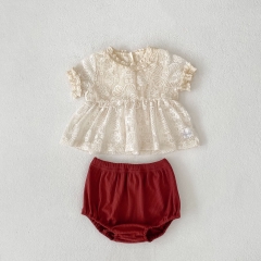 2025 Summer Infant Baby Girls Lace Hollow Out Short Sleeves Top With Bloomers Sets Wholesale