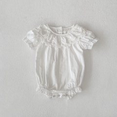 2025 Summer Infant Baby Kids Girls Solid Color Short Sleeves Flowers Pattern Onesies Wholesale