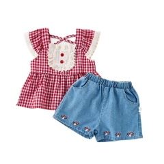 2025 Summer Infant Baby Girls Thin Plaid Pattern Fly Sleeves Top Vest With Denim Shorts Sets Wholesale