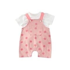 2025 Summer Infant Baby Girls Short Sleeves Solid Color T-shirt With Polka Dots Rompers Overalls Sets Wholesale