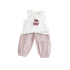 2025 Summer Infant Baby Girls Thin Teddy Bear Pattern Sleeveless Top Vest With Plaid Pants Sets Wholesale