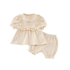 2025 Summer Infant Baby Girls Solid Color Short Sleeves Top Dress With Shorts Sets Wholesale