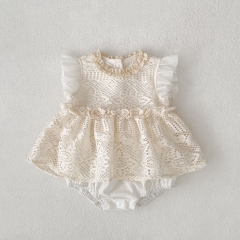 2025 Summer Infant Baby Kids Girls Fly Sleeves Hollow Out Pattern Solid Color Dress Wholesale