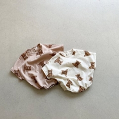 2025 Summer Infant Baby Kids Unisex Thin Cartoon Teddy Bears Pattern Short Sleeves Onesies Wholesale