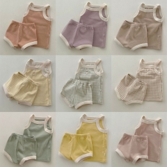 2025 Summer Infant Baby Unisex Color Patchwork Sleeveless Plaid Top Vest With Bloomers Sets Wholesale