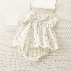 2025 Summer Infant Baby Girls Simple Flowers Pattern Short Sleeves Top Dress With Bloomers Sets Wholesale