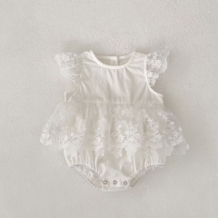 2025 Summer Infant Baby Kids Girls Flowers Pattern Embroidered Fly Sleeves Tulle Patchwork Onesies Wholesale