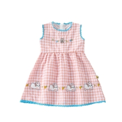 2025 Summer Infant Baby Girls Sleeveless Cartoon Rabbits Pattern Embroidered Plaid Dress Wholesale