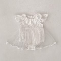 2025 Summer Infant Baby Kids Girls Fly Sleeves Tulle Patchwork Flowers Pattern Onesies Dress Wholesale