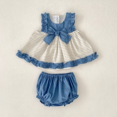 2025 Summer Infant Baby Girls Striped and Dots Pattern Sleeveless Top Dress With Bloomers Sets Wholesale