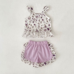 2025 Summer Infant Baby Girls Floral Pattern Sleeveless Top Shirt With Shorts Sets Wholesale