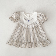 2025 Summer Infant Baby Kids Girls Short Sleeves Crew Neck Striped Dress Wholesale