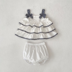 2025 Summer Infant Baby Girls Floral Pattern Sleeveless Ruffle Hollow Out Top Dress With Bloomers Sets Wholesale