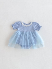 2025 Summer Infant Baby Kids Girls Color Patchwork Short Sleeves Tulle Patchwork Onesies Wholesale