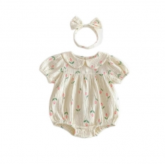 2025 Summer Infant Baby Girls Floral Short Sleeves Peter Pan Collar Onesies Bodysuits Wholesale