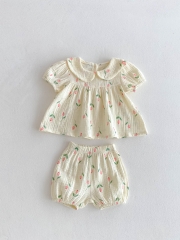 2025 Summer Infant Baby Girls Floral Short Sleeves Top Dress With Shorts Sets Wholesale