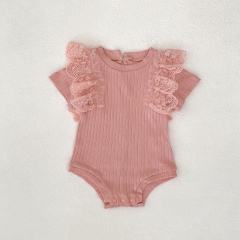 2025 Summer Infant Baby Girls Floral Embroidered Fly Sleeves Pink Onesies Bodysuits Wholesale