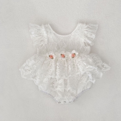 2025 Summer Infant Baby Kids Girls Flowers Embroidered Fly Sleeves Tulle Patchwork Onesies Wholesale