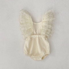 2025 Summer Infant Baby Girls Solid Color Tulle Patchwork Fly Sleeves Onesies Bodysuits Wholesale