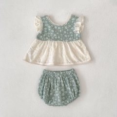 2025 Summer Infant Baby Girls Floral Pattern Fly Sleeves Top Dress With Bloomers Sets Wholesale