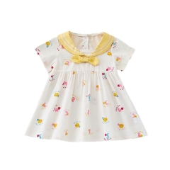 2025 Summer Infant Baby Kids Girls Short Sleeves Cartoon Pattern Navy Collar Dress Wholesale