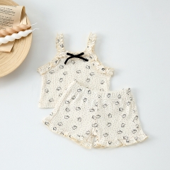 2025 Summer Infant Baby Girls Cartoon Kitty Pattern Sleeveless Top Vest With Shorts Sets Wholesale