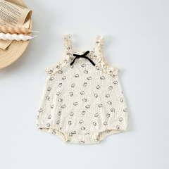 2025 Summer Infant Baby Kids Girls Cute Cartoon Kitty Pattern Sleeveless Strap Onesies Wholesale