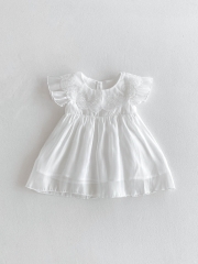 2025 Summer Infant Baby Kids Girls Fly Sleeves Flowers Embroidered Collar Plain Dress Wholesale