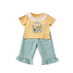 2025 Summer Infant Baby Girls Cartoon Pattern Short Sleeves Top T-shirt With Plaid Pants Sets Wholesale