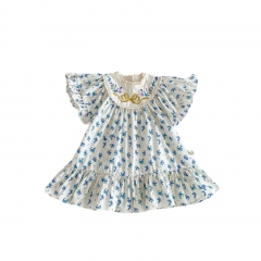 2025 Summer Infant Baby Kids Girls Short Sleeves Butterfly-bow Embroidered Pattern Floral Dress Wholesale