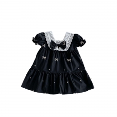 2025 Summer Infant Baby Kids Girls Short Sleeves Butterfly-bow Embroidered Pattern Black Dress Wholesale