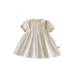 2025 Summer Infant Baby Kids Girls Short Sleeves Floral Pattern Ruffle Neck Dress Wholesale