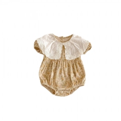2025 Summer Infant Baby Girls Floral Embroidered Collar Short Sleeves Onesies Bodysuits Wholesale