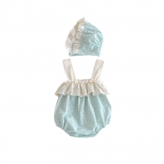 2025 Summer Infant Baby Girls Floral Hollow-out Pattern Sleeveless Plaid Onesies Bodysuits with Hat Wholesale