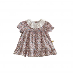 2025 Summer Infant Baby Kids Girls Short Sleeves Floral Pattern Dress with Collar Wholesale