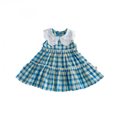 2025 Summer Infant Baby Kids Girls Sleeveless Flowers Pattern Plaid Dress with Collar Wholesale