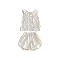 2025 Summer Infant Baby Girls Solid Color Flowers Pattern Sleeveless Top Vest With Shorts Sets Wholesale