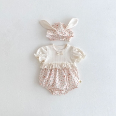 2025 Summer Infant Baby Girls Flowers and Heart Pattern Short Sleeves Onesies Bodysuits with Hat Wholesale