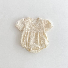 2025 Summer Infant Baby Girls Solid Color Butterfly-bows Decorated Sleeveless Onesies With Plain Knitted T-shirt Sets Wholesale