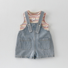 2025 Summer Infant Baby Kids Sleeveless Striped Vest With Denim Overalls Sets Wholesale