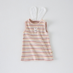 2025 Summer Infant Baby Kids Girls Sleeveless Cartoon Rabbit Pattern Striped Dress Wholesale