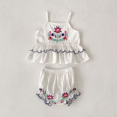 2025 Summer Infant Baby Girls Dots Jacquard and Flowers Embroidered Pattern Sleeveless Top Vest With Bloomers Sets Wholesale