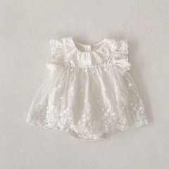 2025 Summer Infant Baby Kids Girls Fly Sleeves Tulle Patchwork Flowers Embroidered Pattern Onesies Wholesale