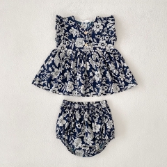 2025 Summer Infant Baby Girls Vintage Floral Pattern Fly Sleeves Top With Bloomers Sets Wholesale