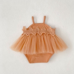 2025 Summer Infant Baby Kids Girls Sleeveless Tulle Patchwork Flowers Embroidered Pattern Onesies Wholesale