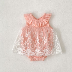 2025 Summer Infant Baby Kids Girls Sleeveless Tulle Patchwork Flowers Pattern Onesies Wholesale