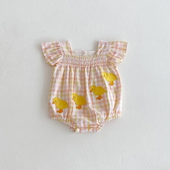 2025 Summer Infant Baby Girls Cartoon Ducks Pattern Fly Sleeves Plaid Onesies Bodysuits Wholesale