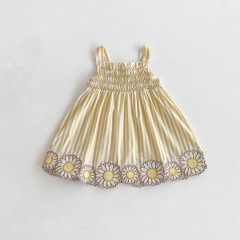 2025 Summer Infant Baby Girls Flowers Embroidered Pattern Sleeveless Striped Dress Wholesale