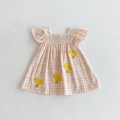 2025 Summer Infant Baby Girls Cartoon Ducks Pattern Fly Sleeves Plaid Dress Wholesale